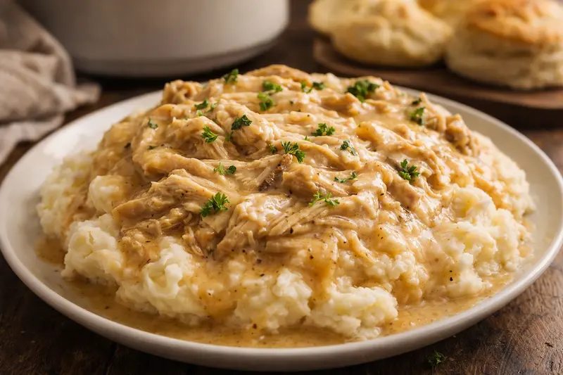 crockpot chicken and gravy served over mashed potatoes with creamy gravy