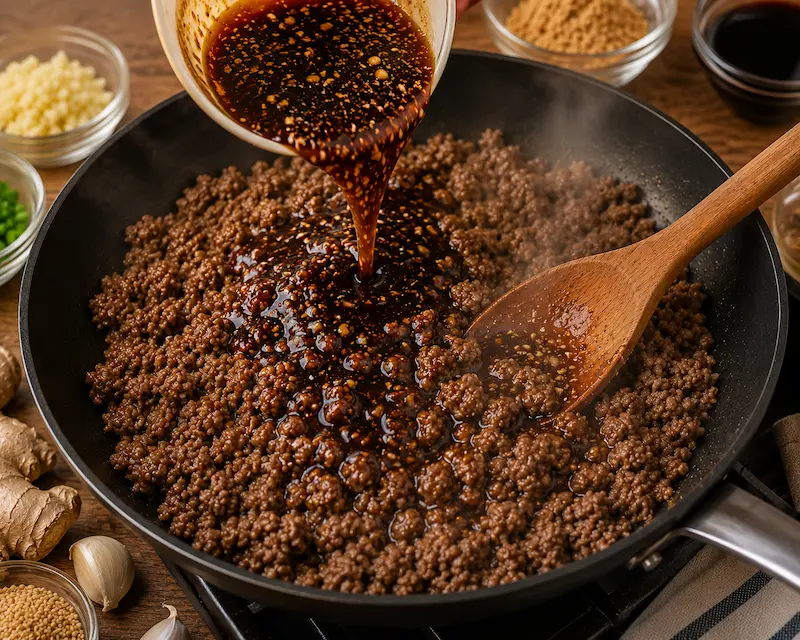 Adding bulgogi sauce to ground beef and simmering until flavorful