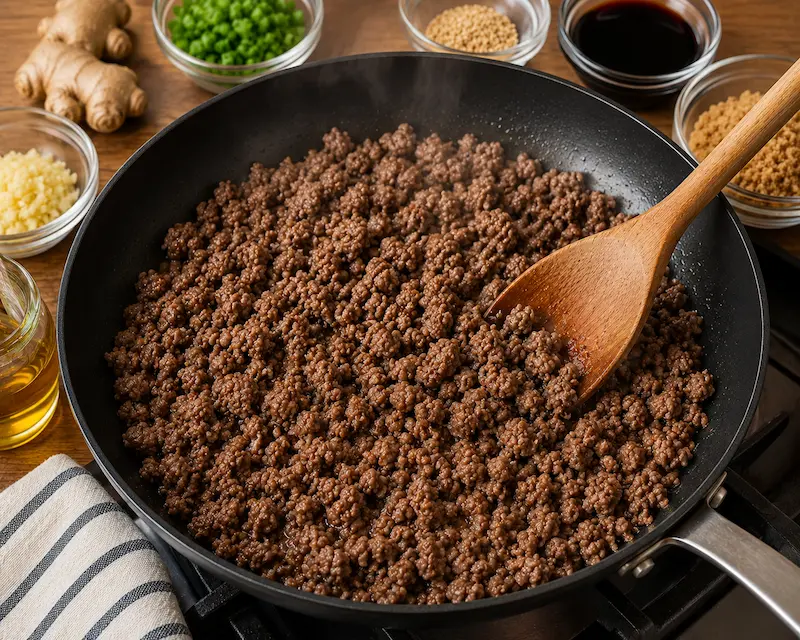 Cooking ground beef in a skillet for ground beef bulgogi recipe