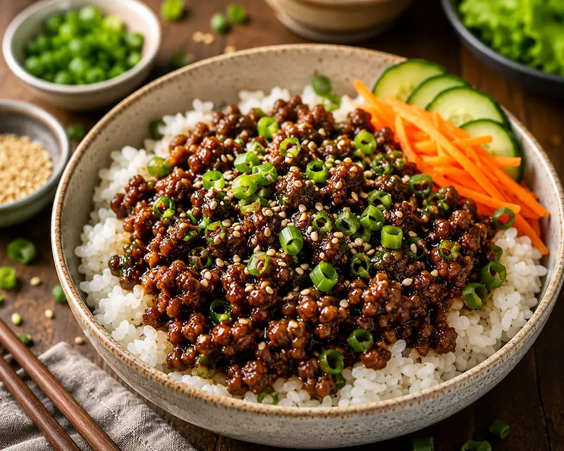 Ground beef bulgogi served over steamed rice with green onions and sesame seeds