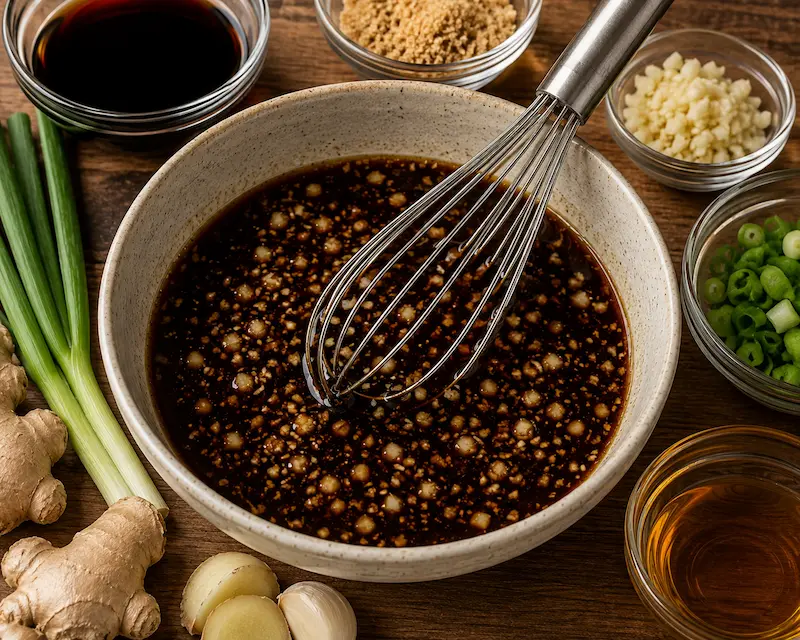 Preparing ground beef bulgogi sauce with soy sauce garlic ginger and sesame oil