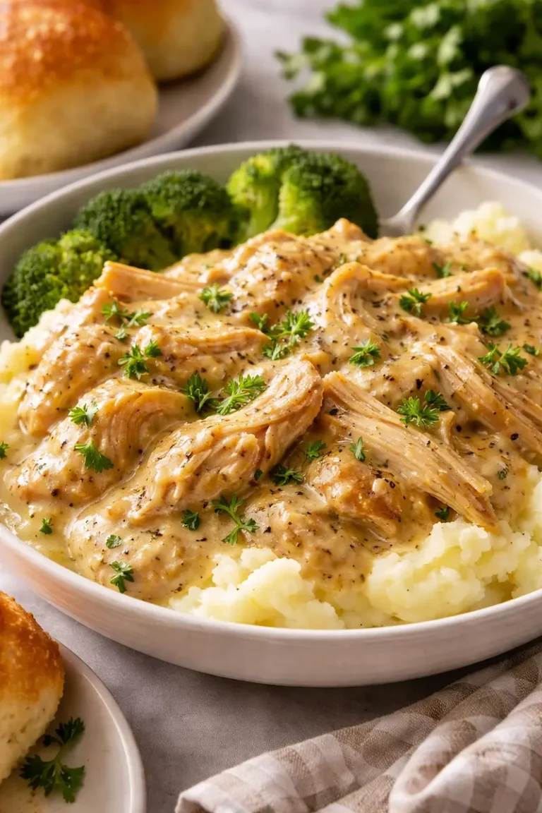Easy crockpot chicken recipes served over mashed potatoes with creamy gravy and fresh parsley