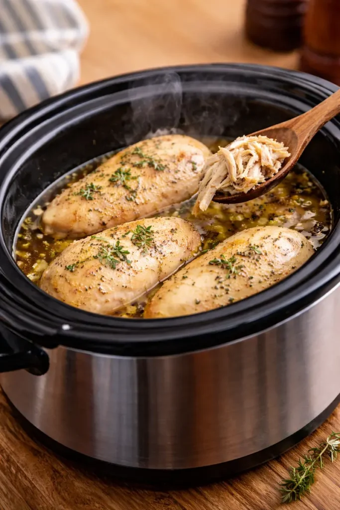 juicy shredded crockpot chicken tender slow cooker chicken recipe
