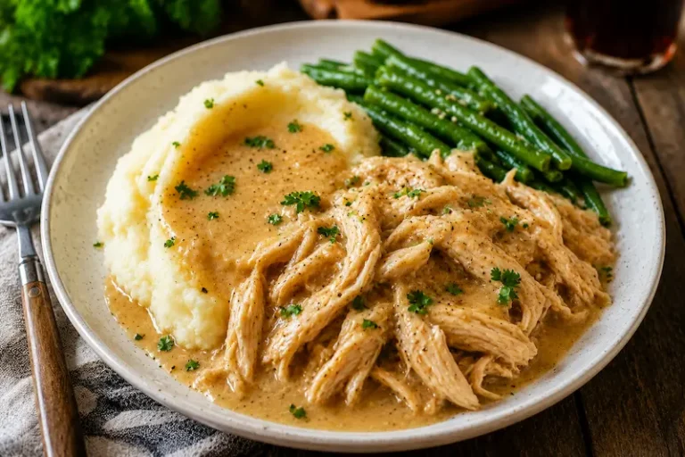 Crockpot chicken and mashed potatoes served with creamy gravy in a cozy comfort food dinner bowl