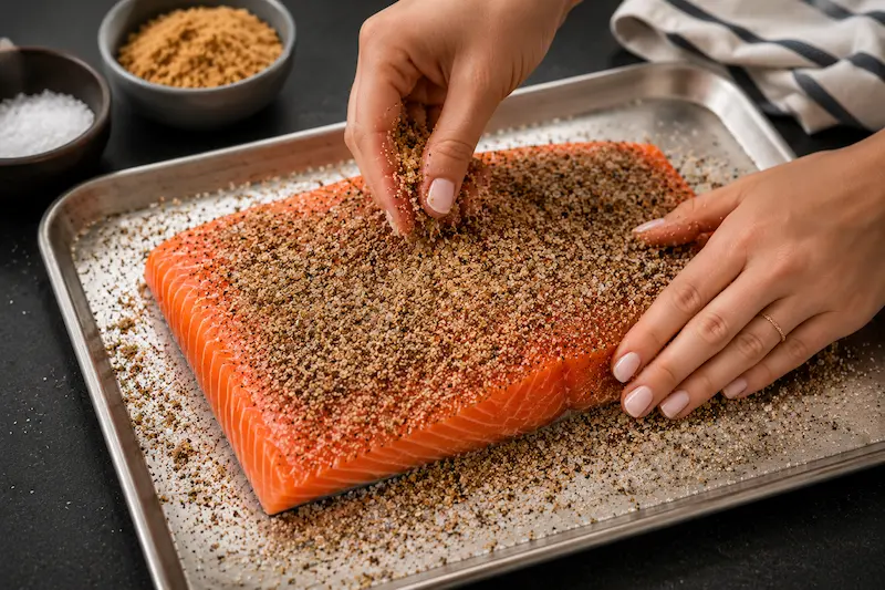 applying dry brine to salmon before smoking