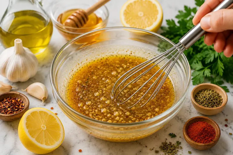 Mixing lemon garlic butter sauce for oven baked lemon butter salmon