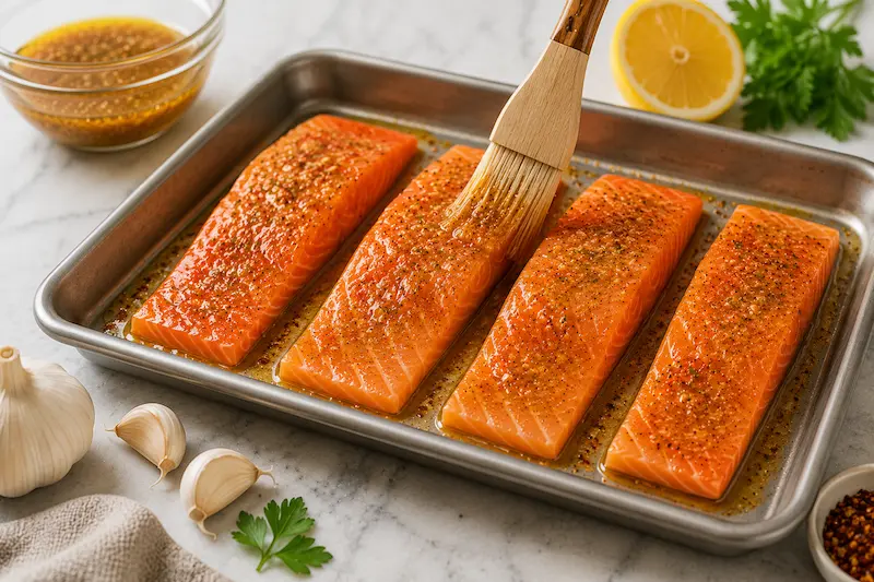 Salmon fillets coated with lemon garlic butter before baking in the oven