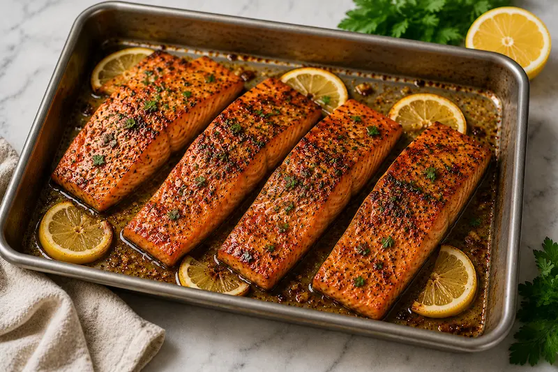 Perfect oven baked lemon butter salmon with golden caramelized top and fresh lemon slices