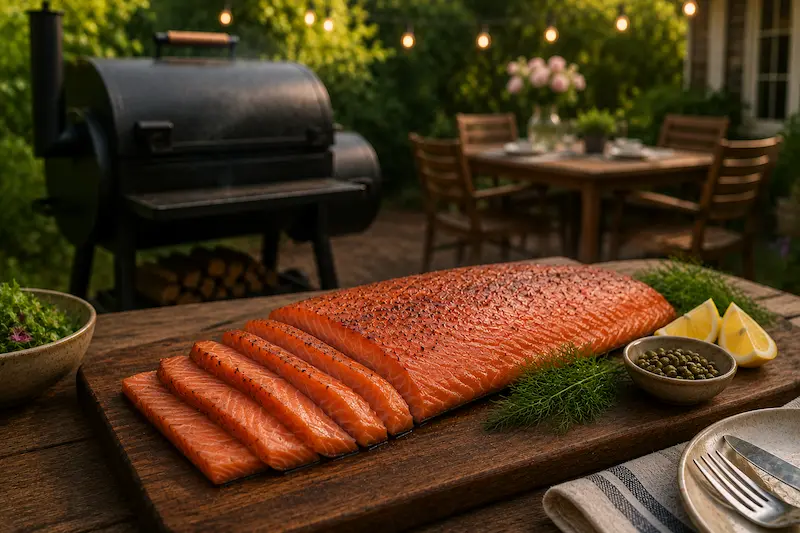 Resting smoked salmon before serving with lemon wedges and fresh herbs