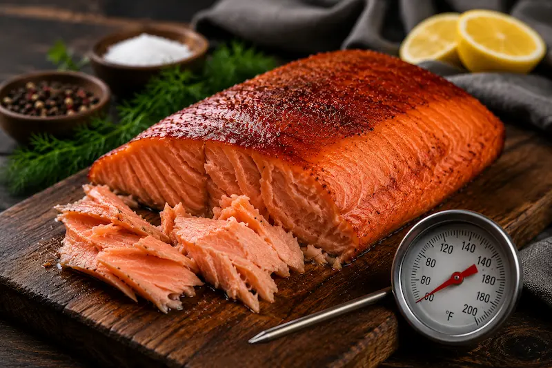 checking smoked salmon internal temperature with a thermometer
