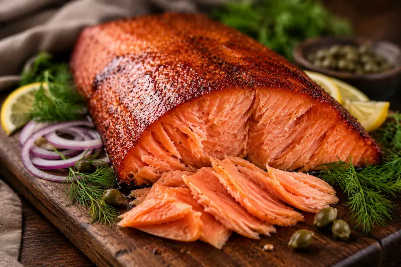 juicy smoked salmon with flaky texture fresh dill and lemon