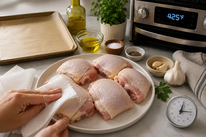 Patting baked chicken thighs dry with paper towels before seasoning and baking at 425°F for crispy skin.