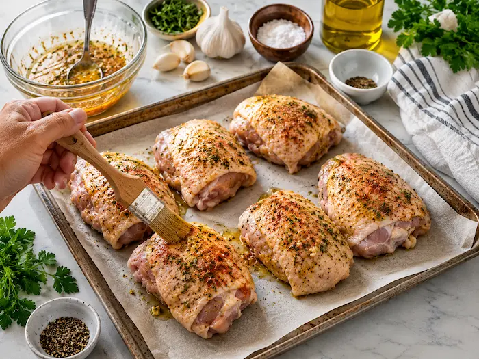 Seasoning baked chicken thighs with olive oil, herbs, garlic, and spices before baking in the oven.