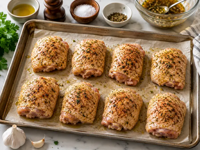 Seasoned baked chicken thighs arranged skin-side up on a parchment-lined baking sheet before roasting.