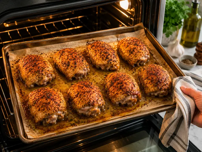 Golden baked chicken thighs roasting in the oven until crispy and juicy on a parchment-lined baking sheet.