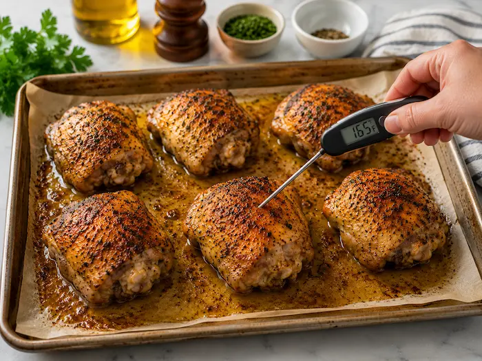 Checking the internal temperature of baked chicken thighs with a digital thermometer to ensure they reach 165°F.
