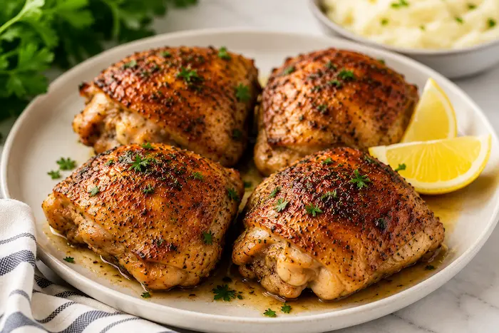 Juicy baked chicken thighs with crispy golden skin served on a white plate with fresh parsley and lemon wedges.