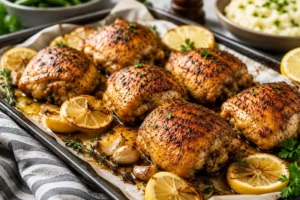 Best baked chicken thighs with crispy golden skin served with roasted lemon, garlic, and fresh herbs on a baking tray.