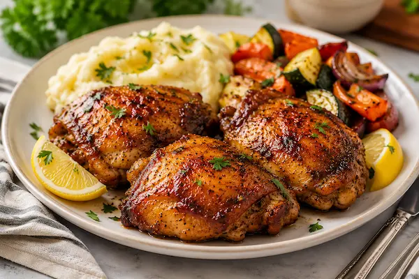 Best chicken thigh marinade recipe served with vegetables