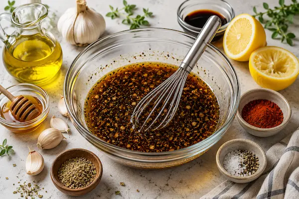 Chicken Thigh Marinade Recipe ingredients including olive oil, soy sauce, garlic, lemon, honey, and paprika