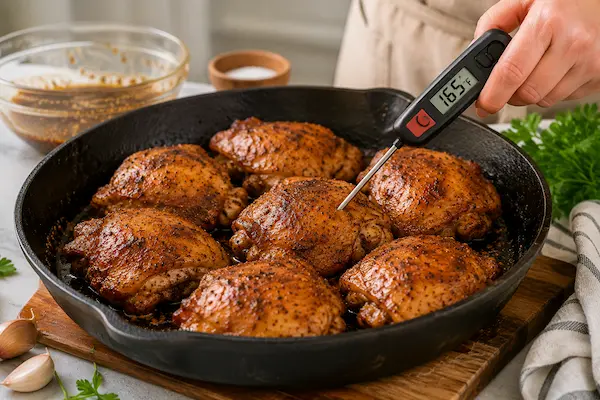 Cooked chicken thigh marinade recipe served on a plate