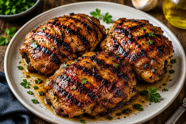 Chicken Thigh Marinade Recipe with three juicy grilled chicken thighs glazed with sauce and fresh parsley