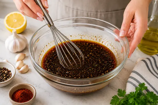 Mixing ingredients for chicken thigh marinade recipe